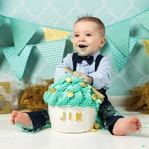 Cake_Smash_Mint_Goud_fotoshoot_1_jaar stoffen vlaggenlijn