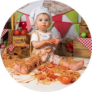 Eerste Spaghetti Smash fotoshoot alternatief cake smash 1 jarige baby